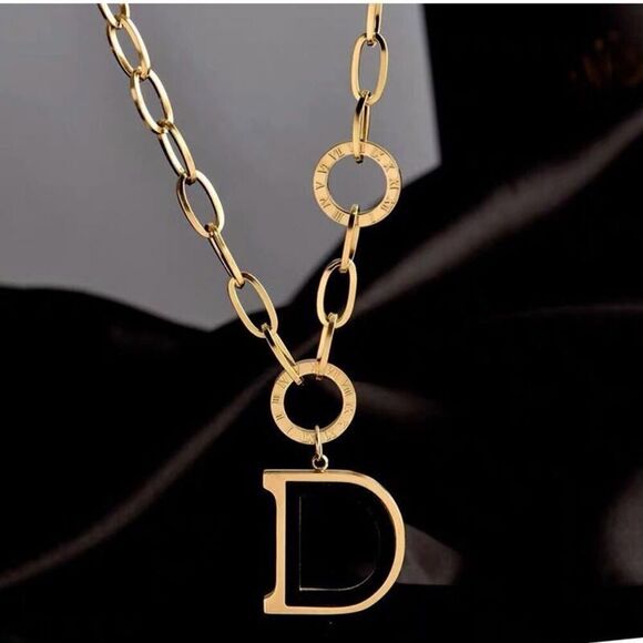 Designer Inspired Gold  Plated Black D Necklace - Picture 5 of 15